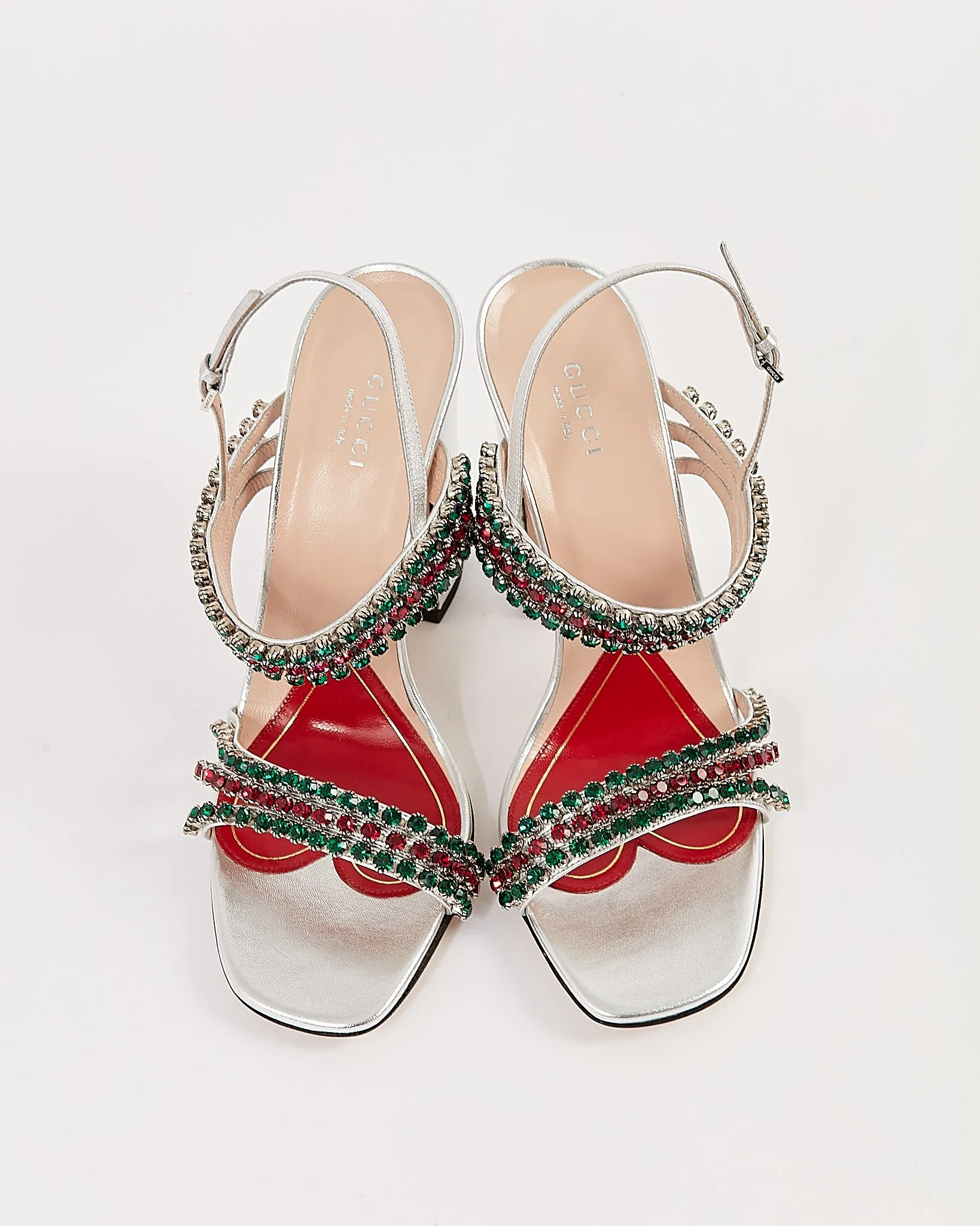 Gucci Silver Metallic Crystal Web Accent Strappy Sandal - 39.5