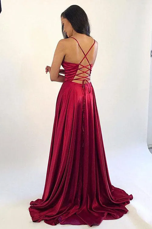 Hot Simple Satin Burgundy A-line Prom Dresses Evening Dresses With Side Slit, SP505
