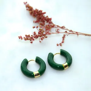 Huggie Hoops in Jade Green and Gold