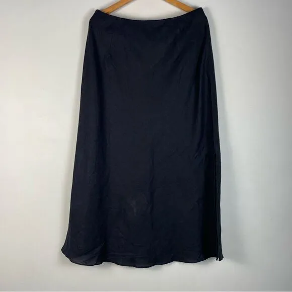 J Crew Black Gwyneth Slip Linen Skirt Midi Maxi Slits Elastic Waist Sz L NEW