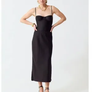 J Crew Black Gwyneth Slip Linen Skirt Midi Maxi Slits Elastic Waist Sz L NEW