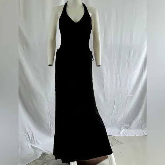 Jersey Knit Halter backless Black Pull on Maxi Dress Size Small
