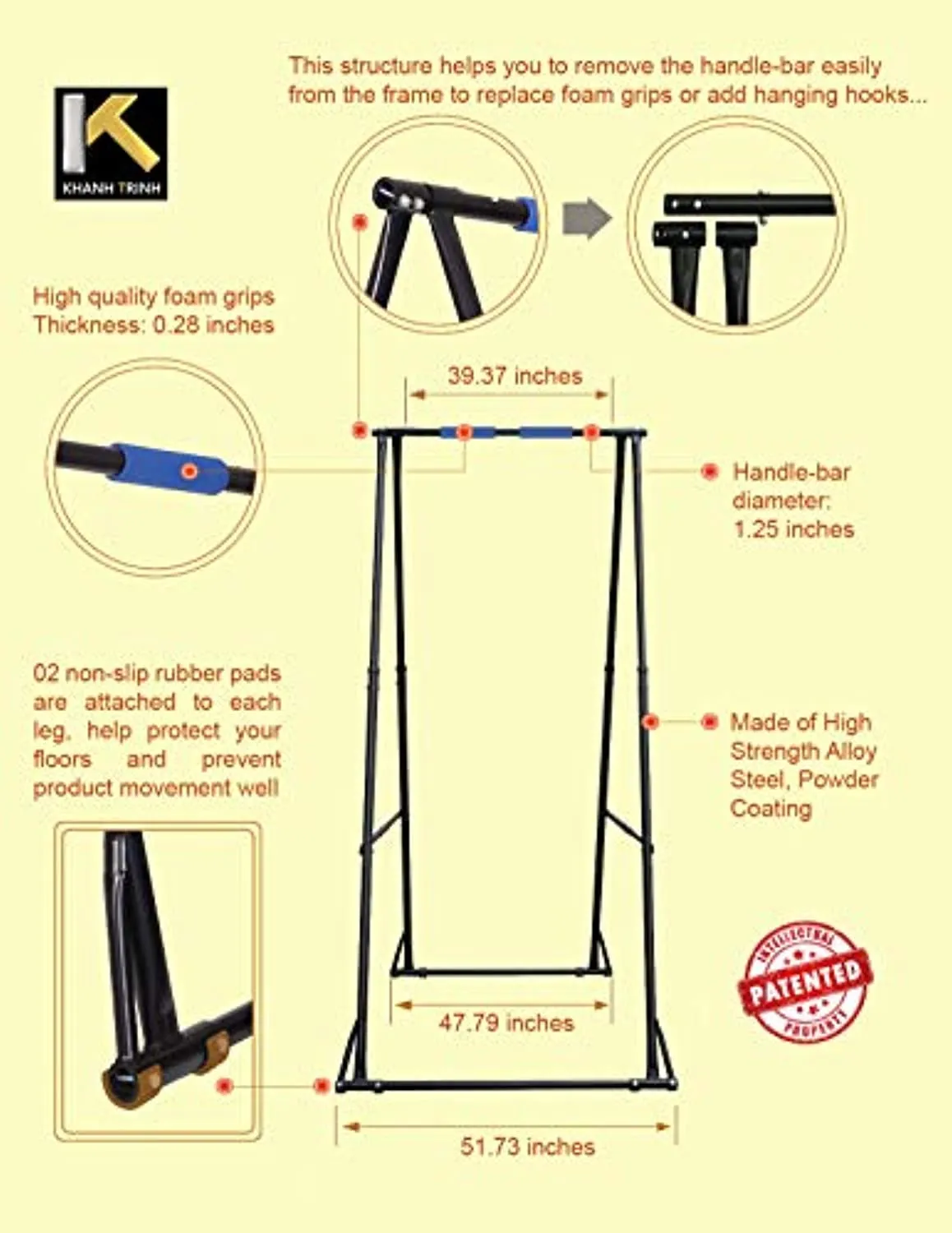 KHANH TRINH TOES DON'T TOUCH GROUND Foldable Free Standing PullUp Bar Stand Sturdy PowerTower Workout Station For Home Gym Strength Training Adjustable Fitness Equipment Multifunctional Exercise Rack