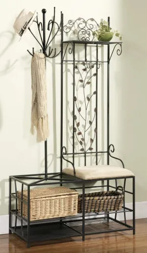 King's Brand Black Finish Metal Hallway Storage Bench with Coat Rack & Umbrella Holder