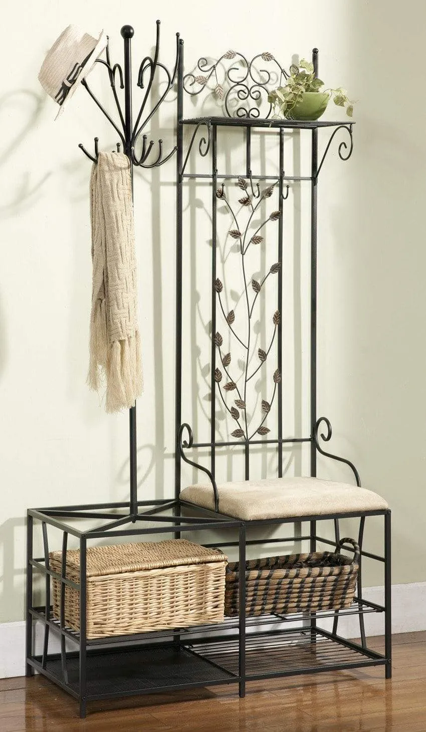 King's Brand Black Finish Metal Hallway Storage Bench with Coat Rack & Umbrella Holder