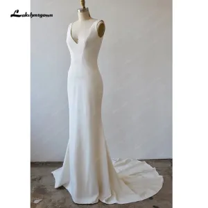 Lakshmigown Sheath Crepe Wedding Dress Simple Custom Made Sleeveless Plunging V Neck Figure Hugging Buttons Backless Bridal Gown