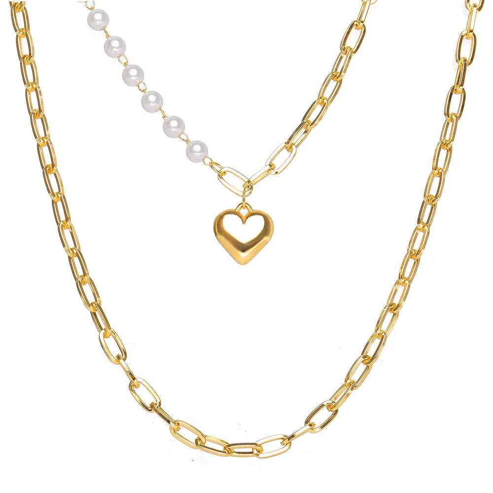 Layered Chunky Chain Pearl Heart Pendant