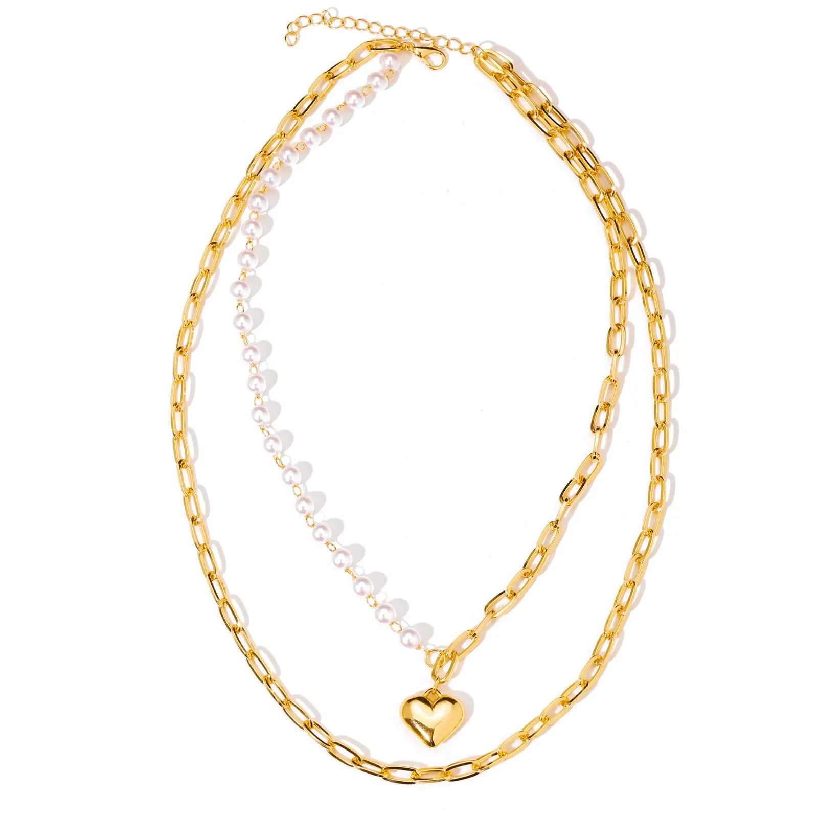 Layered Chunky Chain Pearl Heart Pendant