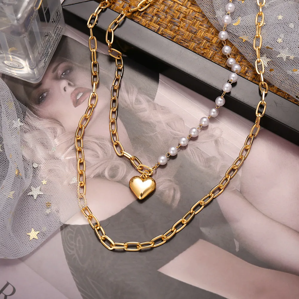 Layered Chunky Chain Pearl Heart Pendant