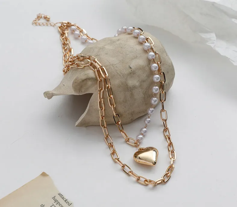 Layered Chunky Chain Pearl Heart Pendant
