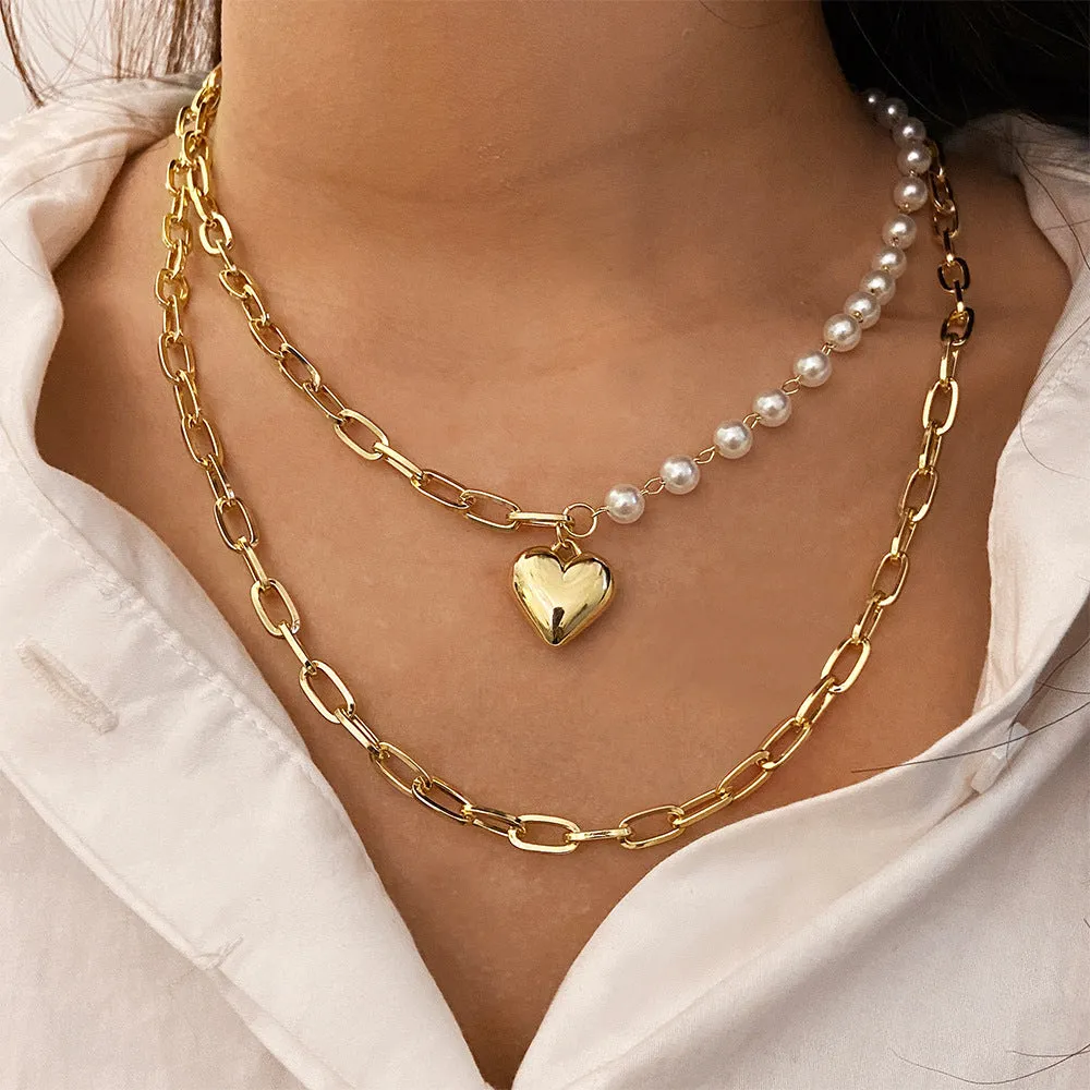 Layered Chunky Chain Pearl Heart Pendant