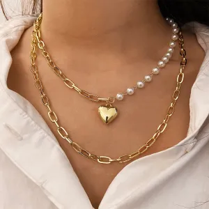 Layered Chunky Chain Pearl Heart Pendant