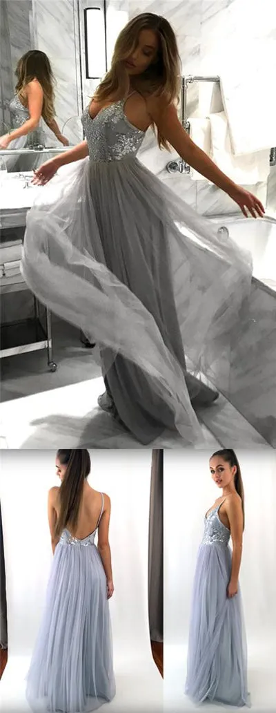 Light Grey Backless Spaghetti Lace Tulle Long A-line Prom Dresses, M107