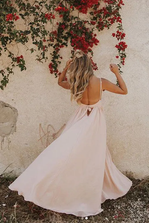 Light Pink Chiffon Spaghetti Straps Prom Dress Evening Dress with Side Slit, SP443