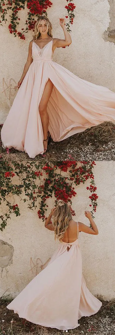 Light Pink Chiffon Spaghetti Straps Prom Dress Evening Dress with Side Slit, SP443
