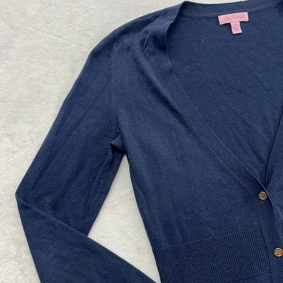 Lilly Pulitzer S Silk Cotton Navy Blue V Neck Button Cardigan Soft Sweater