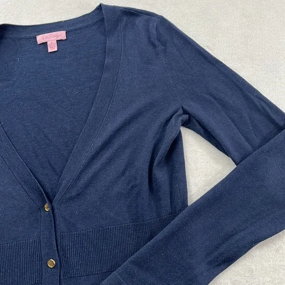 Lilly Pulitzer S Silk Cotton Navy Blue V Neck Button Cardigan Soft Sweater