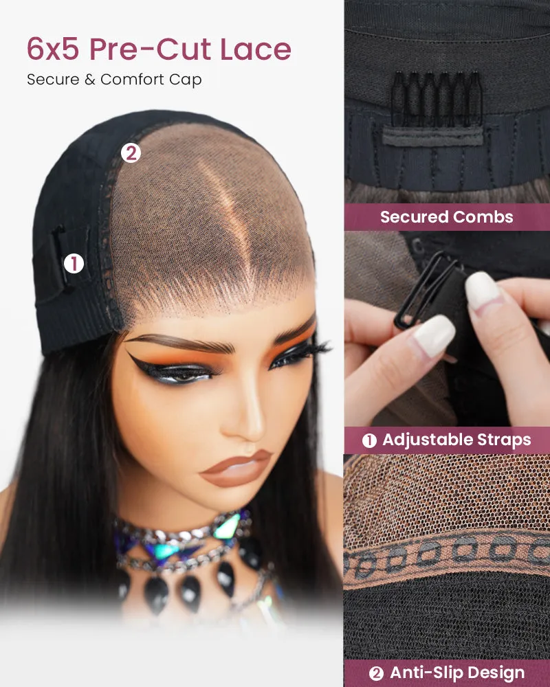 Loose Wave Natural Black Pre-Cut Glueless 6x5 Lace Closure Human Hair Wigs