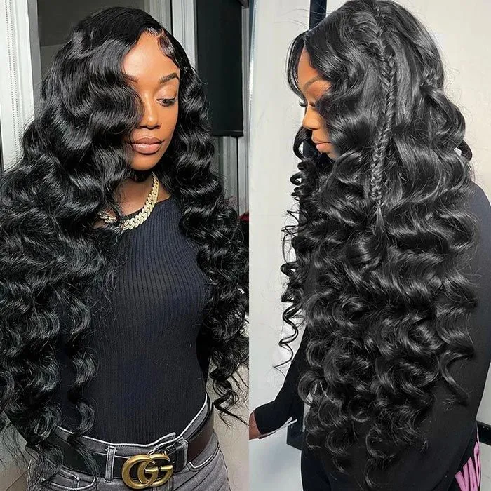 Loose Wave Natural Black Pre-Cut Glueless 6x5 Lace Closure Human Hair Wigs