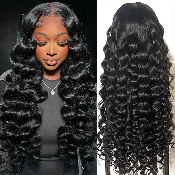 Loose Wave Natural Black Pre-Cut Glueless 6x5 Lace Closure Human Hair Wigs
