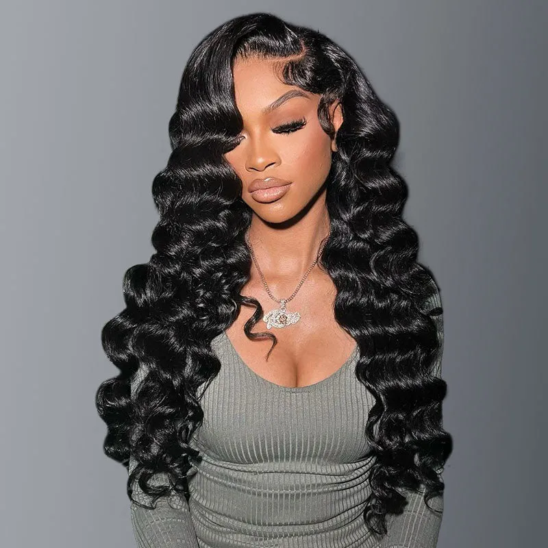 Loose Wave Natural Black Pre-Cut Glueless 6x5 Lace Closure Human Hair Wigs