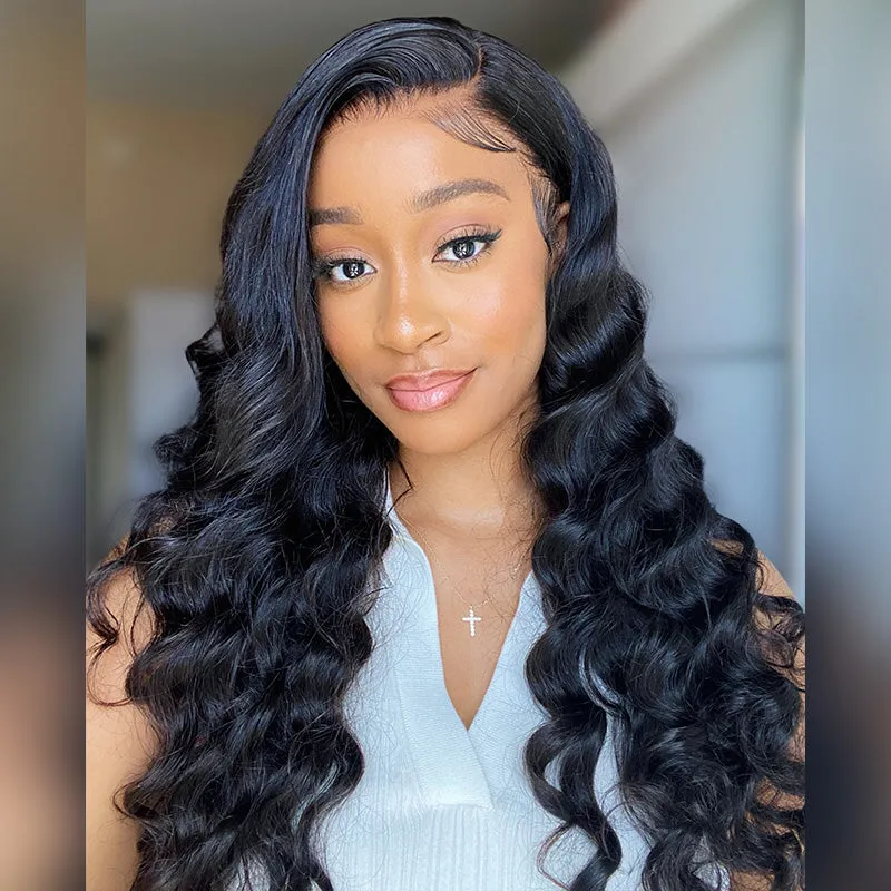 Loose Wave Natural Black Pre-Cut Glueless 6x5 Lace Closure Human Hair Wigs