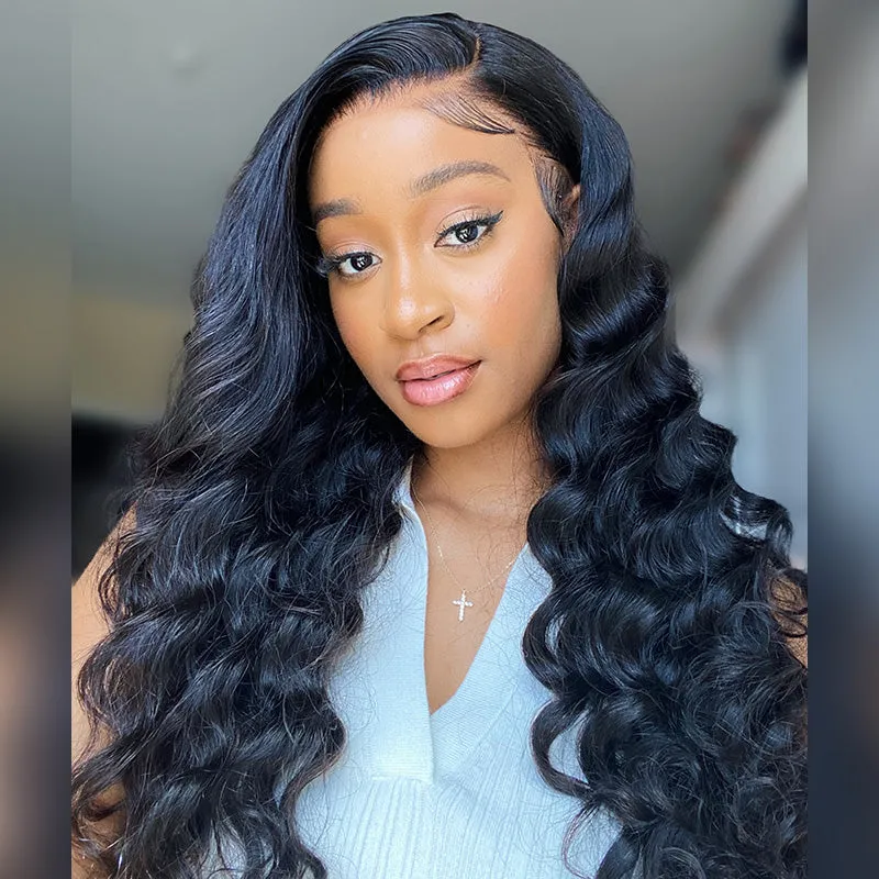 Loose Wave Natural Black Pre-Cut Glueless 6x5 Lace Closure Human Hair Wigs