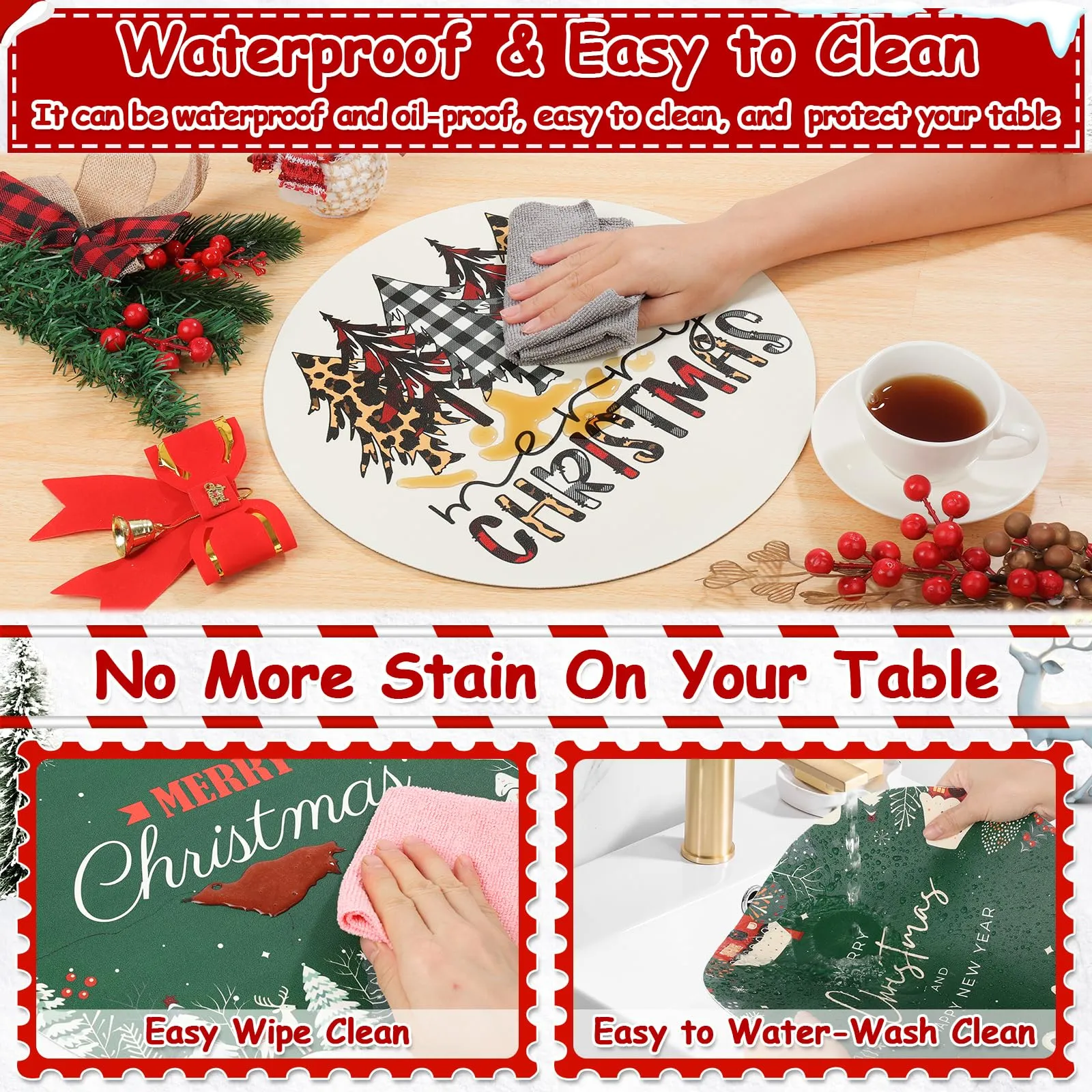 Lucomb Christmas Faux Leather Placemats Set of 6, Heat Resistant Waterproof, 13Inch