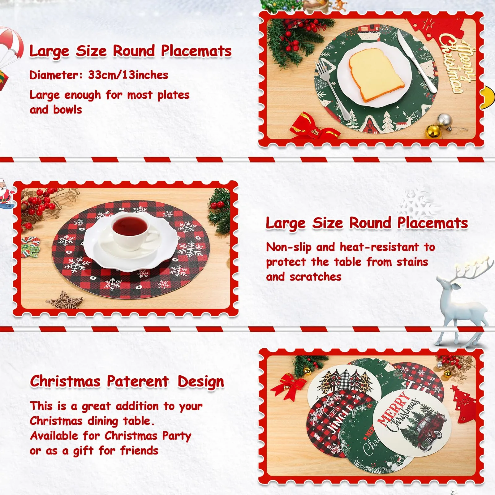 Lucomb Christmas Faux Leather Placemats Set of 6, Heat Resistant Waterproof, 13Inch