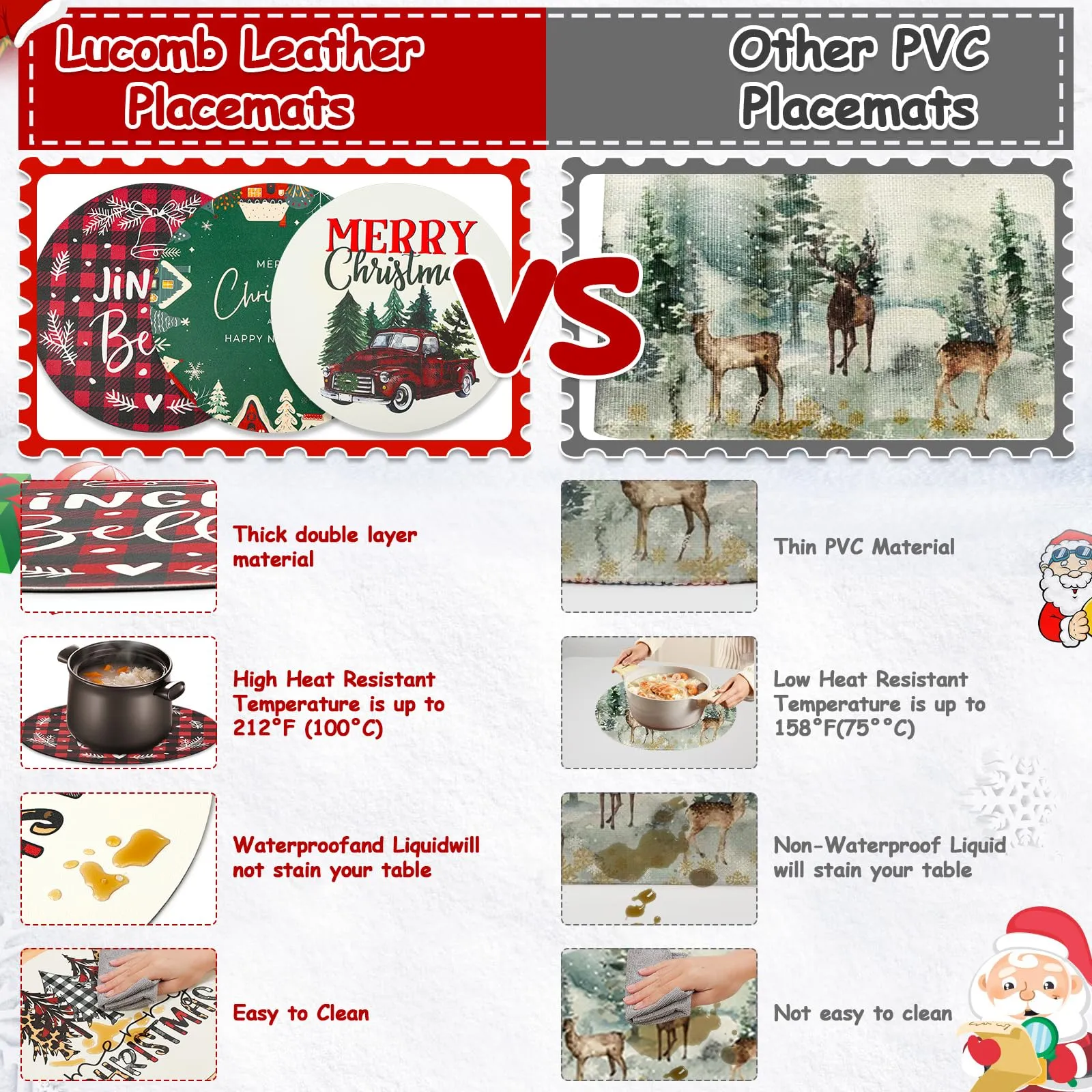 Lucomb Christmas Faux Leather Placemats Set of 6, Heat Resistant Waterproof, 13Inch