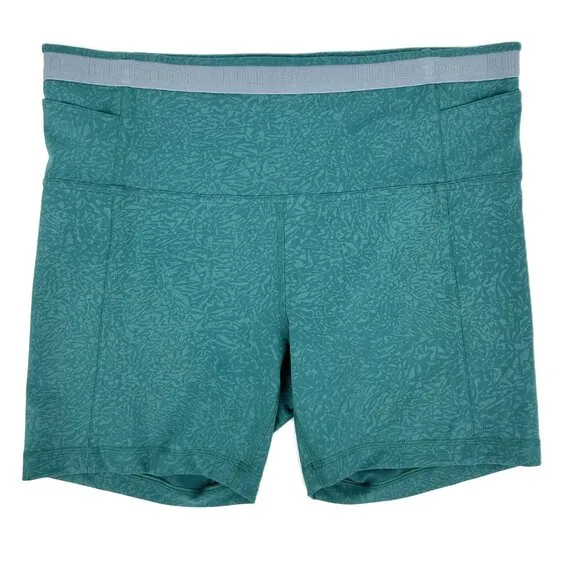 Lululemon Wunder Train HR Bike Short Teal Lagoon Logo Waistband Pocketed 12