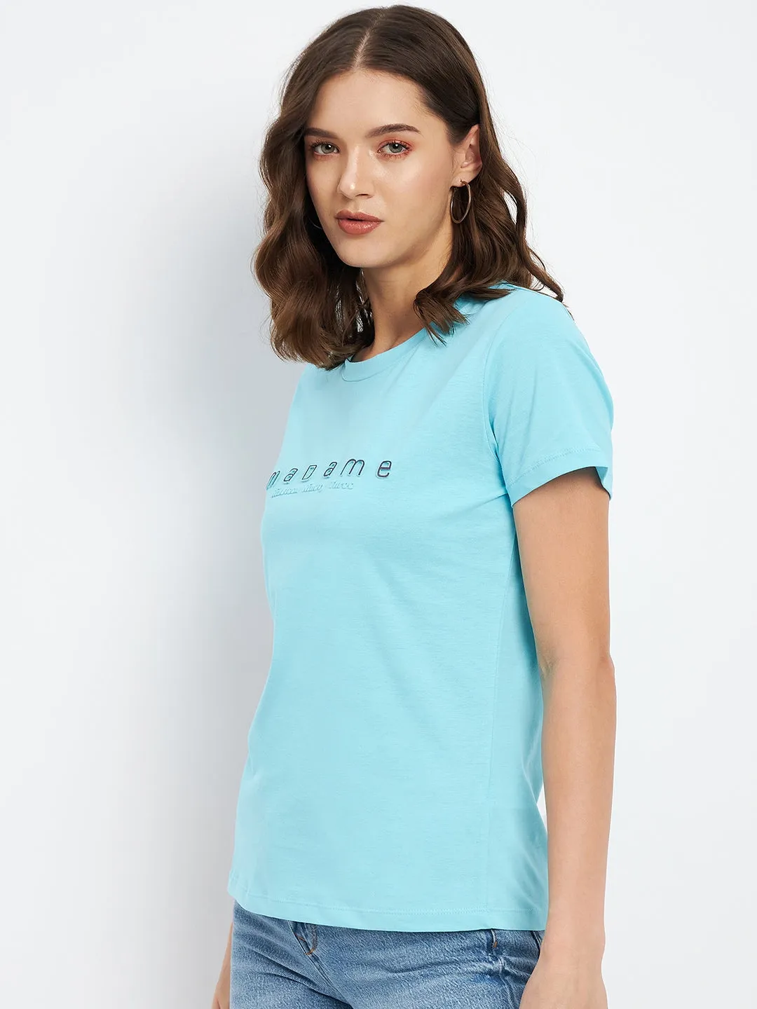 Madame  Aqua Crew Neckline Typography Tshirt