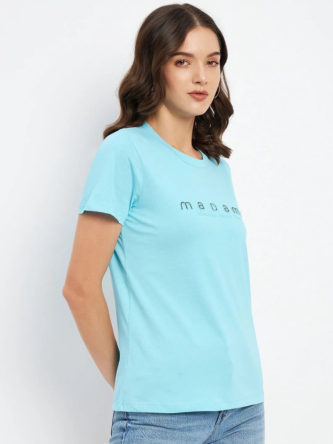 Madame  Aqua Crew Neckline Typography Tshirt