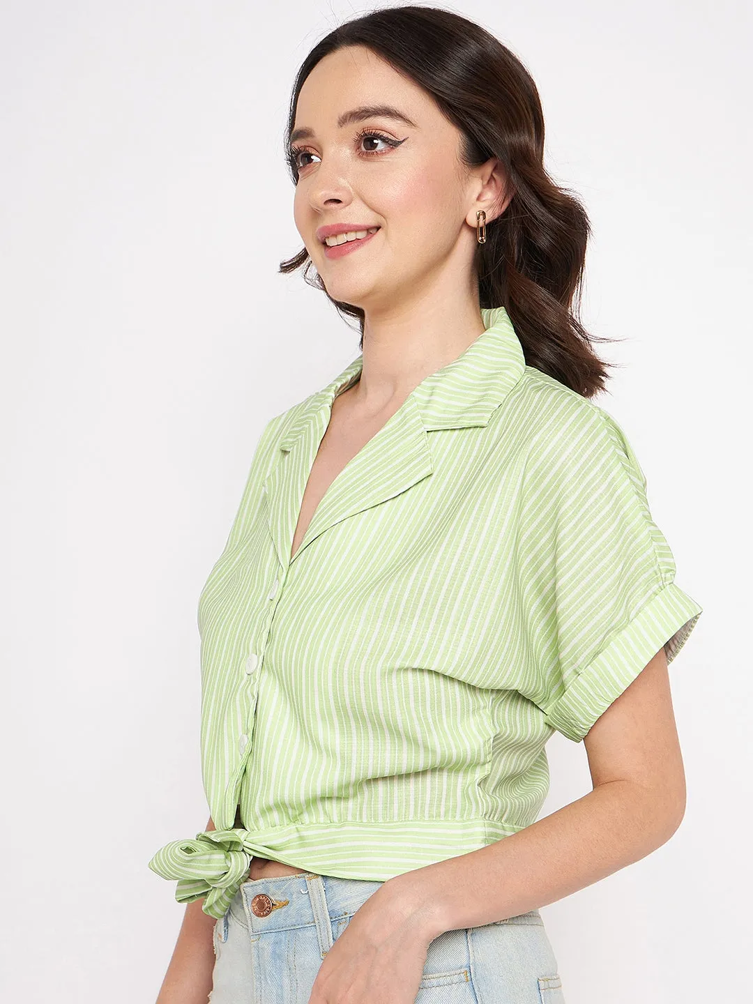 Madame Green Notched Lapel Collar Shirt