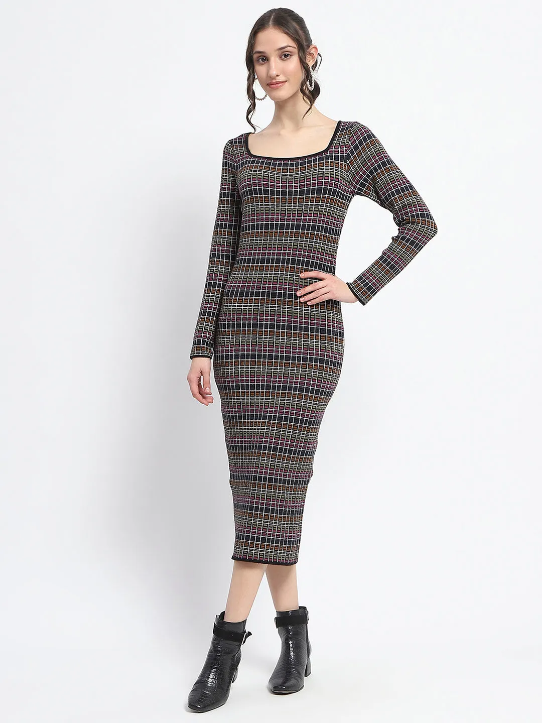 Madame Plaid Print Bodycon Multicolor Midi Dress