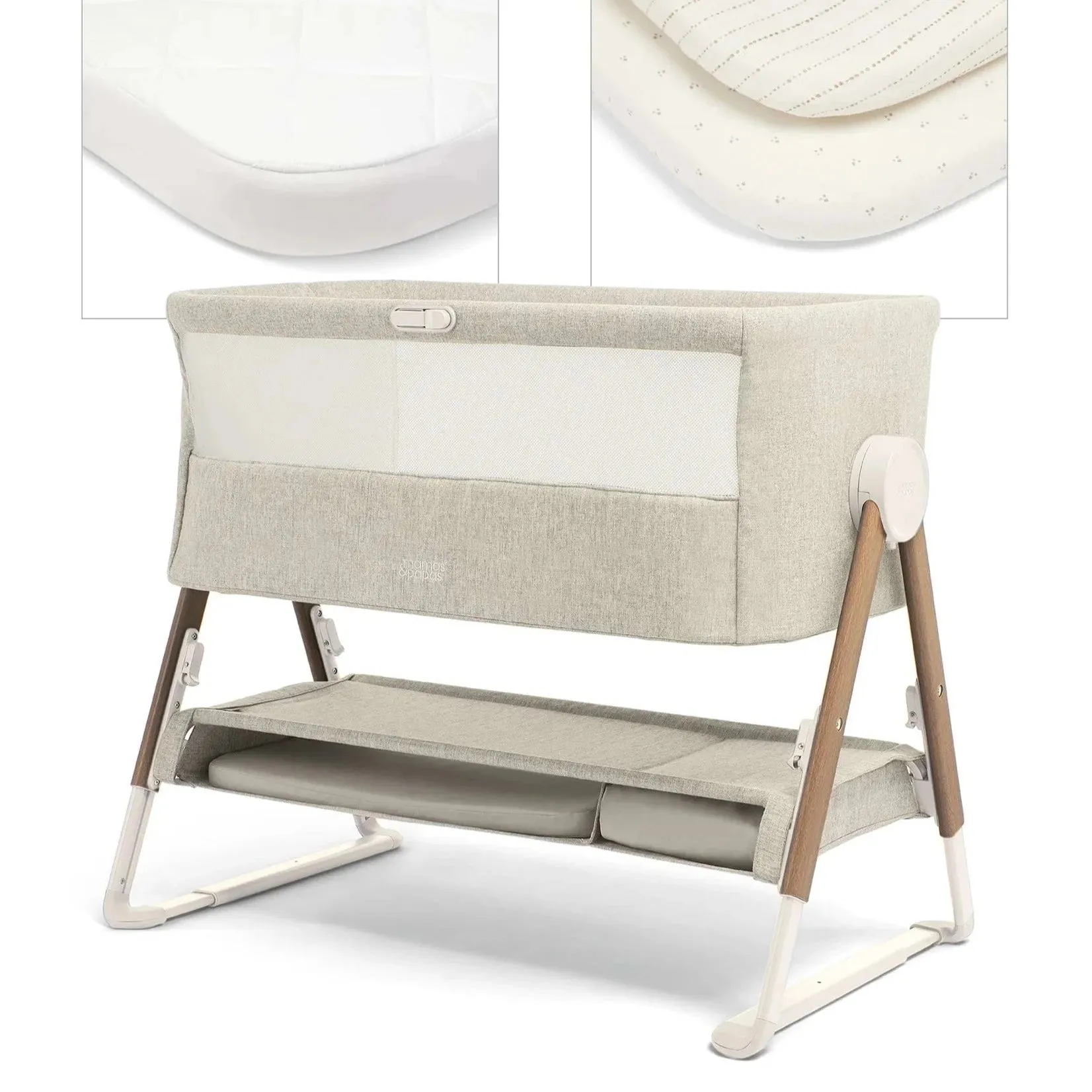 Mamas & Papas Lua Bedside Crib & Sheets - Fawn Beige