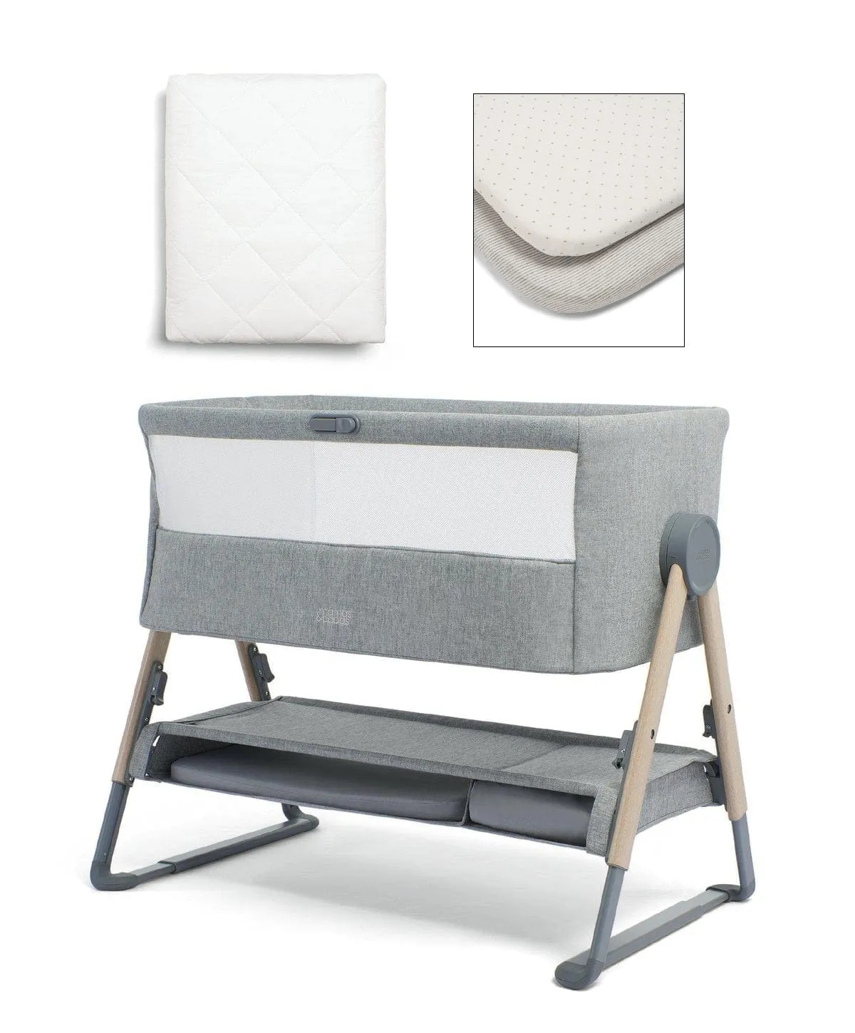 Mamas & Papas Lua Bedside Crib with Mattress Protector & Fitted Sheets - Star / Grey