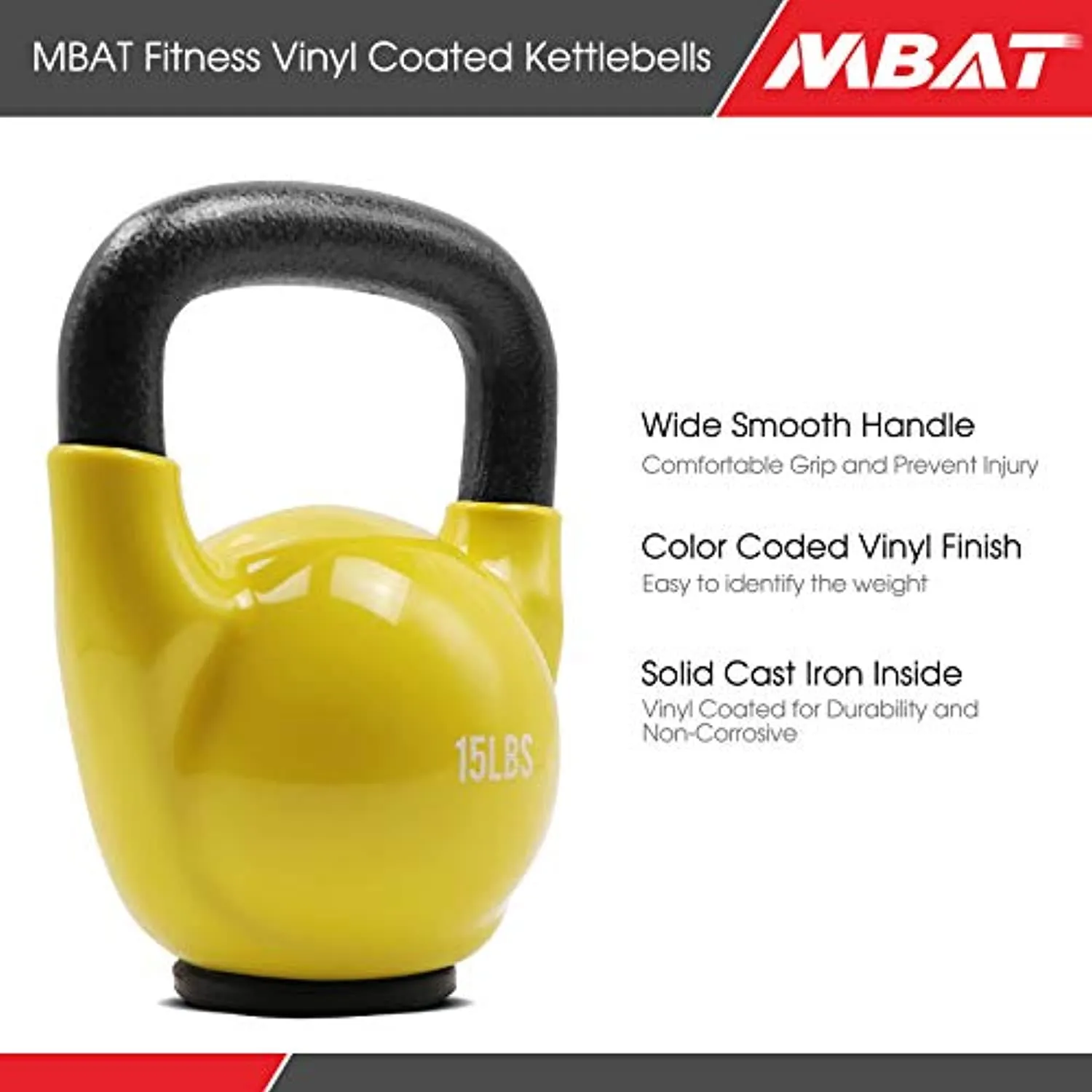 MBAT Vinyl Coated Kettlebells with Thick Rubber Base- Cast Iron Strength Training Fitness Weight Available: 10, 15, 20, 25 LBS