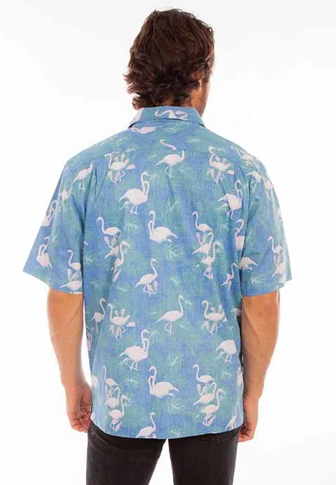 Men's Farthest Point Collection Shirt: Short Sleeve Batik Hawaiian Flamingo