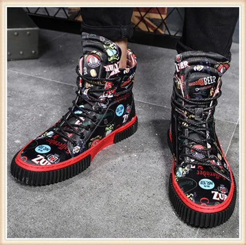 Mens High Top Casual Sneakers Fashion Man Hip-hop Shoes Red Blue Lace-up Flats Male Ankle Boots