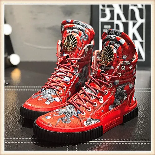 Mens High Top Casual Sneakers Fashion Man Hip-hop Shoes Red Blue Lace-up Flats Male Ankle Boots