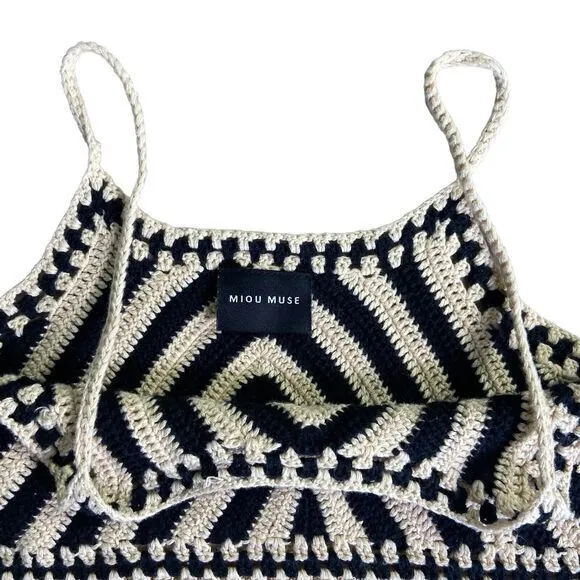 Miou‎ Muse Crochet Sweater Mini Dress Beige Black Stripe Spaghetti Strap ￼Size S
