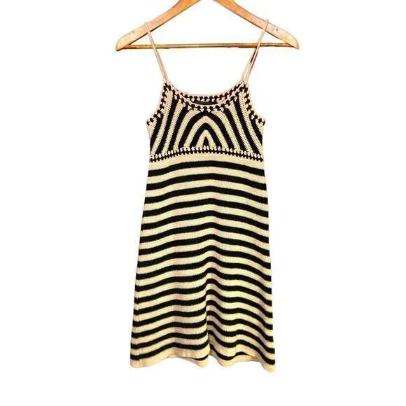 Miou‎ Muse Crochet Sweater Mini Dress Beige Black Stripe Spaghetti Strap ￼Size S