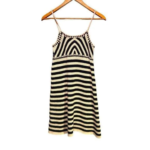 Miou‎ Muse Crochet Sweater Mini Dress Beige Black Stripe Spaghetti Strap ￼Size S