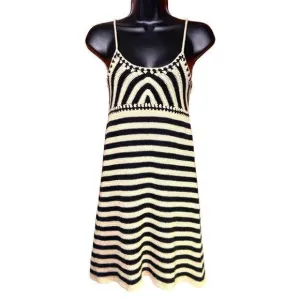 Miou‎ Muse Crochet Sweater Mini Dress Beige Black Stripe Spaghetti Strap ￼Size S