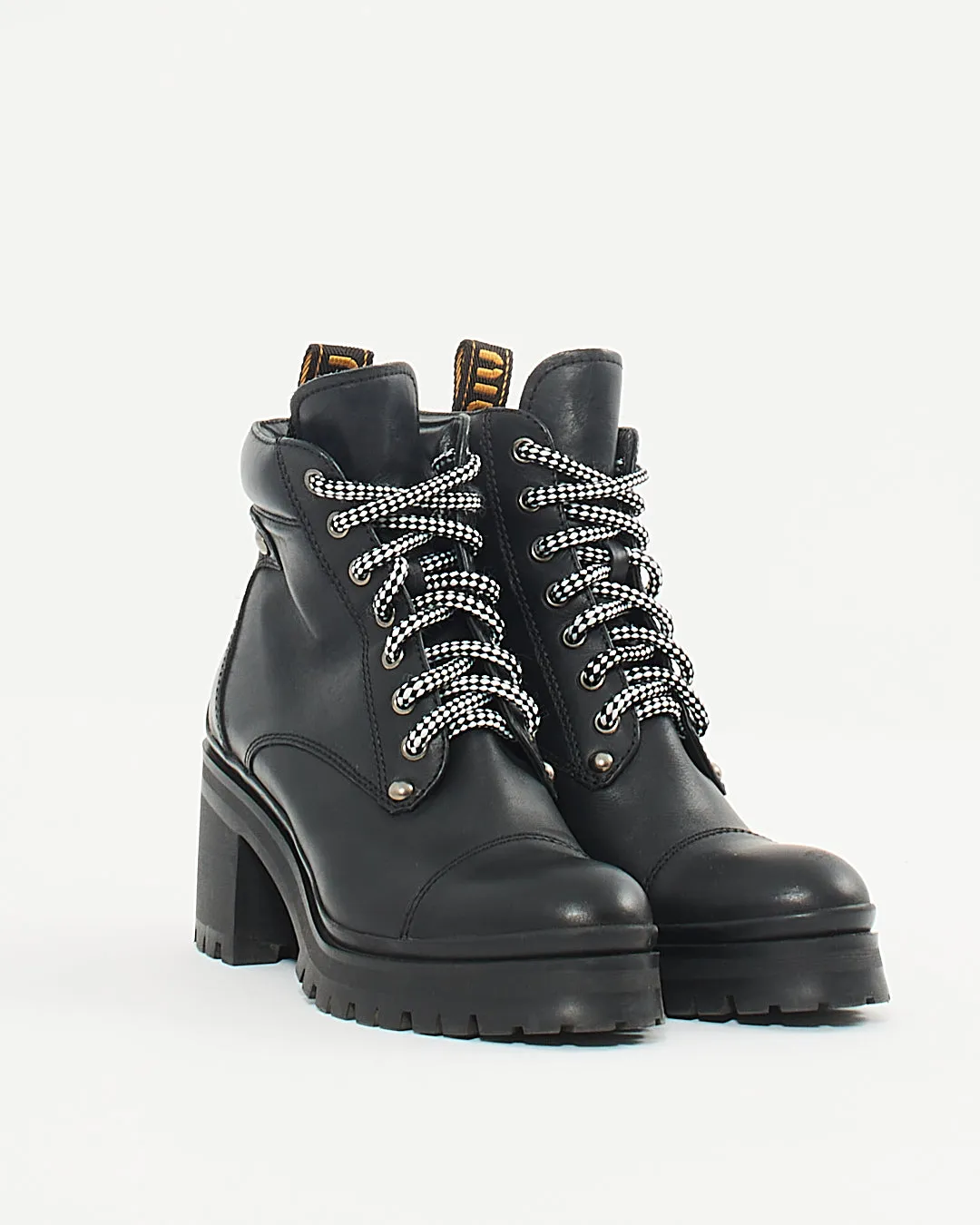 Miu Miu Black Leather Lace Up Heeled Booties - 38