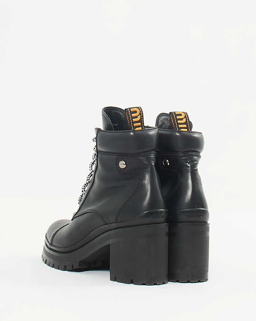 Miu Miu Black Leather Lace Up Heeled Booties - 38