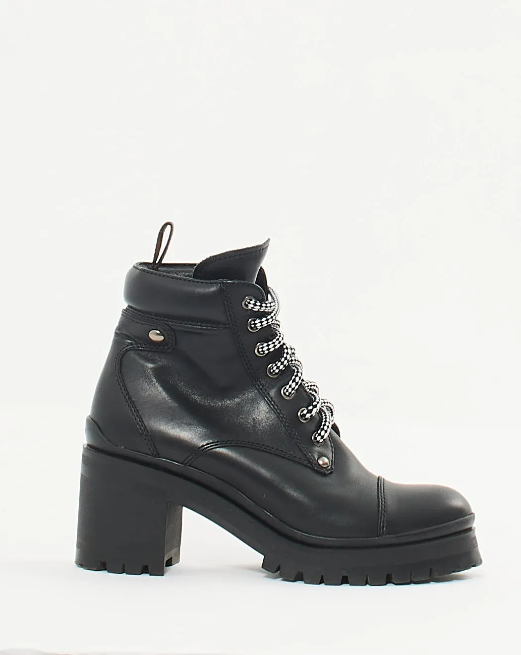 Miu Miu Black Leather Lace Up Heeled Booties - 38