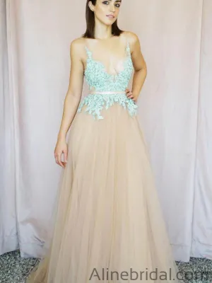 Modest A-Line Tulle Lace Long Prom Dress, Champagne Evening Dress PD1035