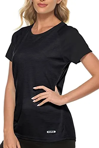 MoFiz Women's Workout Running T-Shirt UPF 50  Sun Protection Activewear Yoga Gym Breathable Soft Short Sleeve Tops Sports Tee Rose Blke Size XS